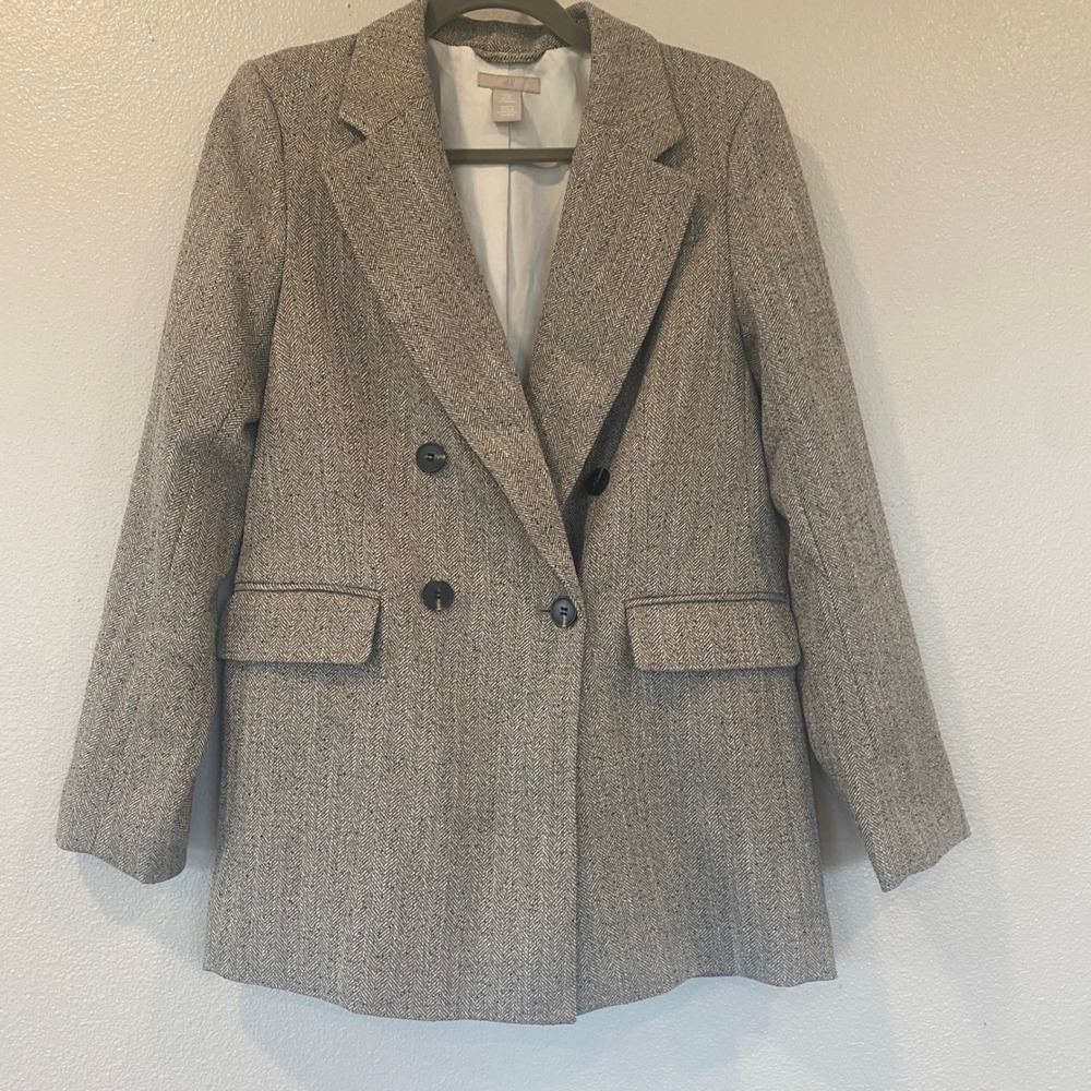 HM Womens Herringbone Double Breasted Blazer Grey Brown Tweed Jacket XS